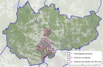 En karta över Uppsala som synliggör hur olika mycket grönska som omfattas beroende på hur gränserna för tätorten dras.