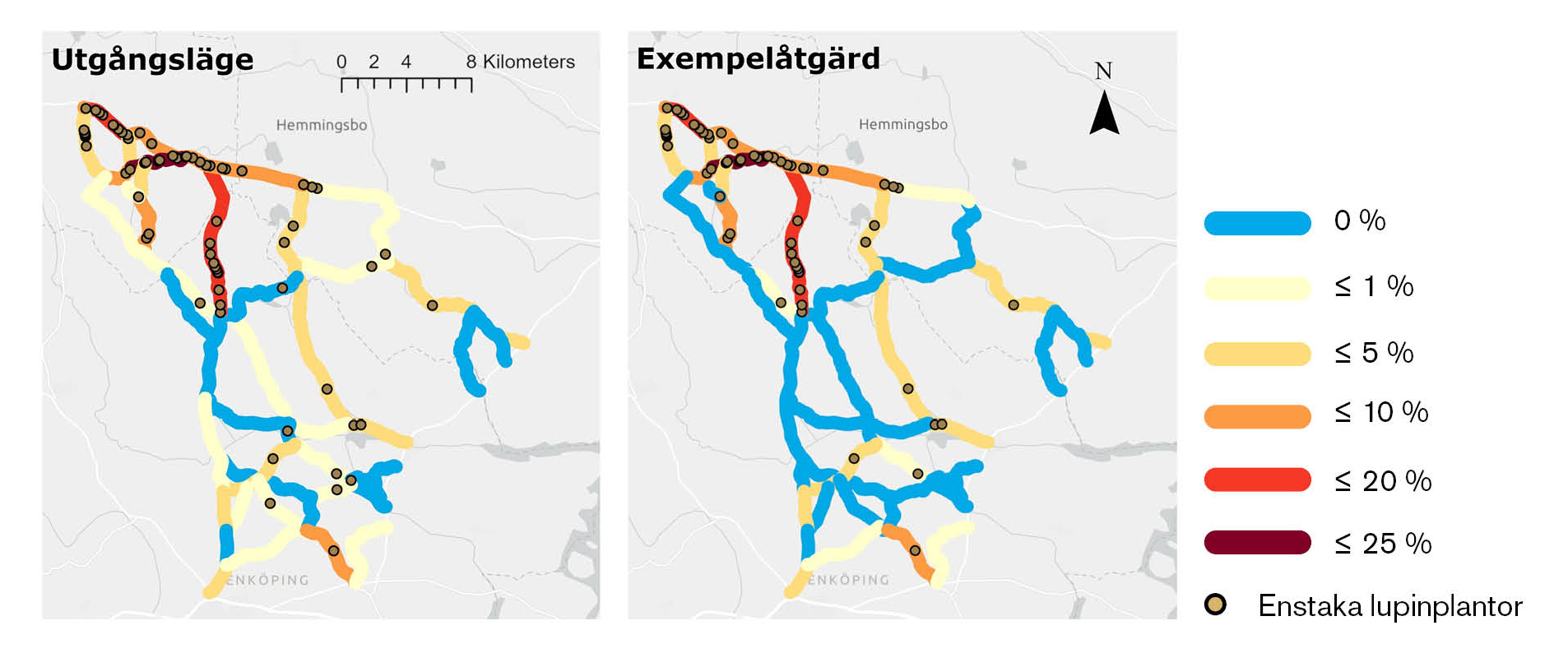 Två jämförande kartor med vägnät markerat i olika färger.