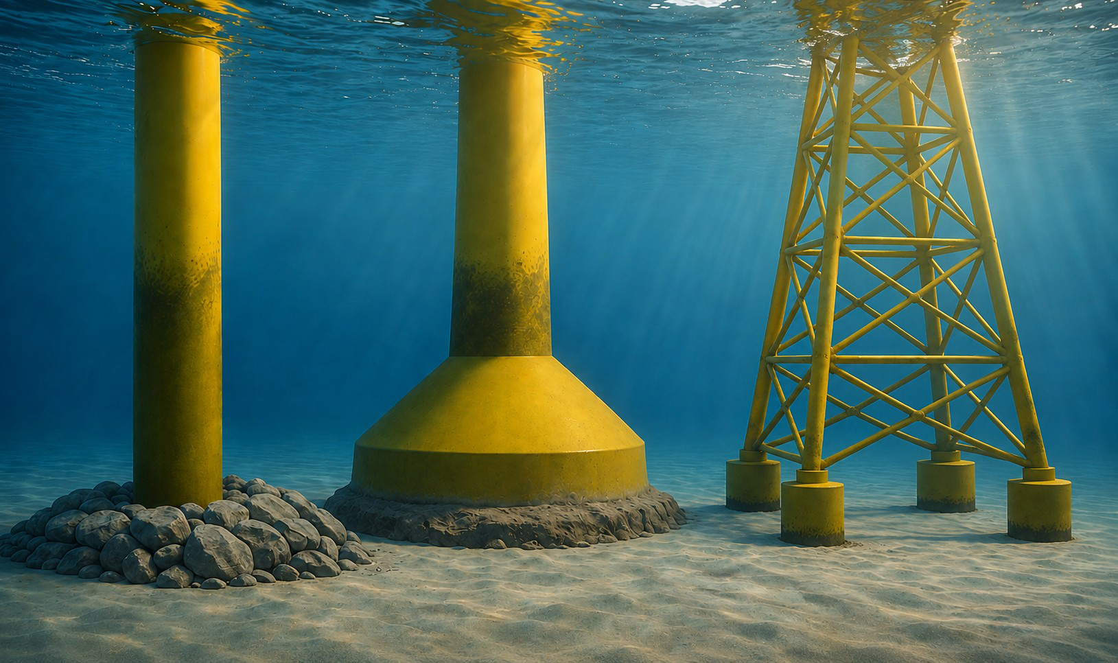 Tre slags fundament under vattnet. Illustration.